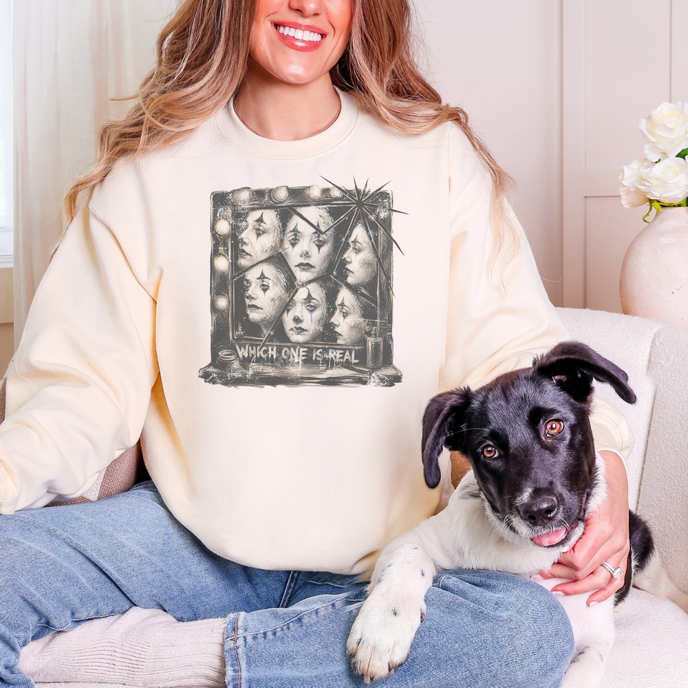 Which One Is Real Sad Clown in Shattered Mirror Sweatshirt